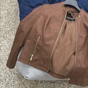 Faux Leather Brown Jacket with Gold Zippers